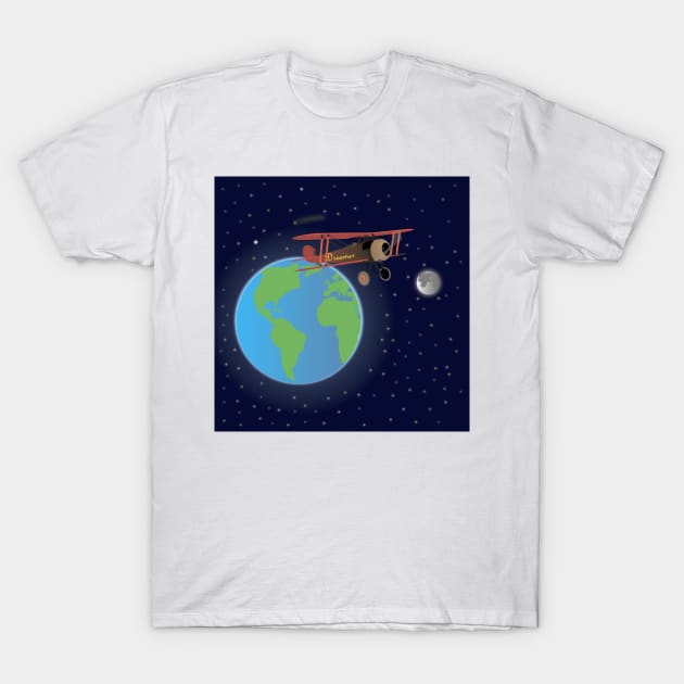 Red Biplane in Outer Space T-Shirt by NorseTech